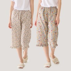 테라우드 여성용 통기성 플라워 프릴 주머니 7부 파자마 바지 2종 세트