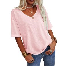 엘쏘 여성용 심플 루즈핏 브이넥 반팔 티셔츠