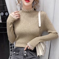 soleil 女款佩爾蕾絲珍珠半高領針織衫