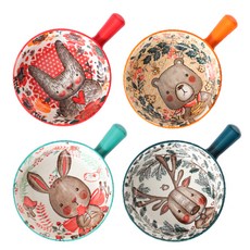 Willive 動物角色陶瓷手把碗 4件組, 紅色、橘色、薄荷色、海軍藍, 1組