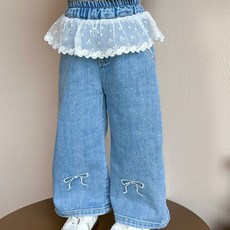 EYOUMONG 兒童寬版牛仔蛋糕蕾絲長褲 E6S230