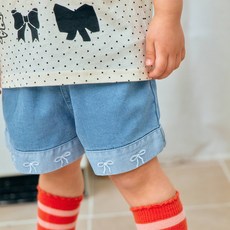 First Blue 兒童蝴蝶結刺繡牛仔短褲