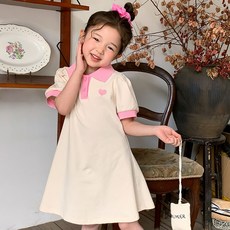 Starbean 女童愛心刺繡短袖翻領洋裝