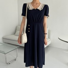 PAPERMENTS 蕾絲方領大尺碼連身長裙 海軍藍, 海軍