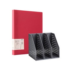 deLi 3折折疊迷你書架+時尚透明文件夾40p套組79003-B03042, 黑色（書架），紅色（透明文件）, 1套