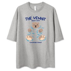 VENHIT 男女通用 Swimming Bear 大尺碼 寬鬆版型 短袖T恤, 麻灰色