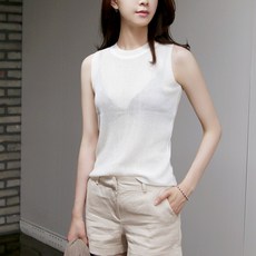 뜨개진 여성용 심플 시스루 라운드 민소매 파나마 나시