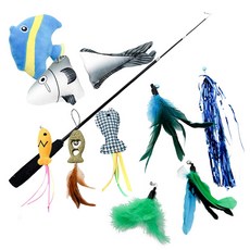 DING DONG PET 貓咪深海魚竿逗貓棒+魚餌玩具 11入, 混色, 1組