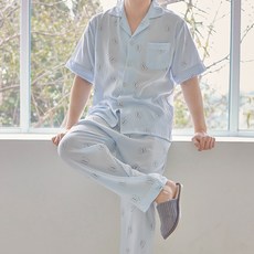 핑크존 커플용 지지미 반팔 셔츠 + 긴바지 잠옷 세트 8290