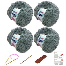 행복뜨기 슈퍼베이비 뜨개실 4p + 바늘 6mm + 돗바늘 + 가죽 라벨 + 목도리 도안 세트, 1세트, 회색