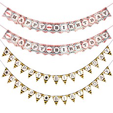 生日蜜蜂拉旗 2入 + 生日鬍子拉旗 2入, 混合色, 1套