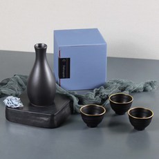 達鹽 韓國產 陶瓷禮品 24K金 描金德利清酒壺組 全黑德利清酒壺組, 1套, 陶瓷酒瓶 + 酒杯 3入