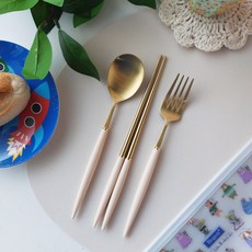 Bogen 高級餐具3件組, 金色 乳白色(湯匙+筷子+叉子)+餐具袋(隨機出貨), 湯匙+筷子+叉子+餐具袋
