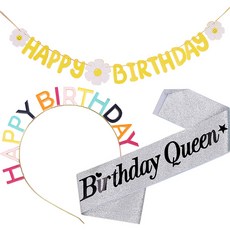 조이파티 데이지 생일 가랜드 + 메탈릭 생일 머리띠 + 글리터 생일 어깨띠 Birthday Queen 세트, 옐로우(가랜드), 레인보우(머리띠), 실버(어깨띠), 1세트