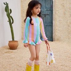 HARAROI 女童款柔和條紋yes連身泳衣