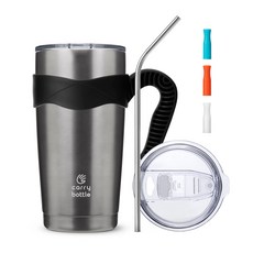 carry bottle Standard不鏽鋼保溫杯+專用防滑手把+不鏽鋼吸管+吸管套3入組, 石墨灰(保溫杯)+黑色(手柄)+吸管套(橘色、白色、藍色), 600ml