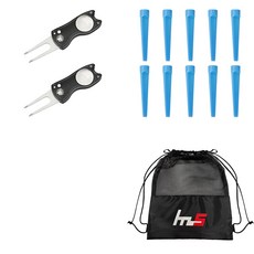 NAYASTYLE 高爾夫果嶺叉 2入 + 塑膠長球梯 10入 + 收納袋組, 黑色(果嶺叉) + 藍色(球梯)