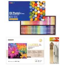 MUNGYO 油性粉彩 + A4粉彩專用紙 + 4種擦筆 + 磨芯砂紙套組, 48色