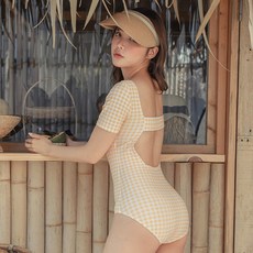 coco dream 方領露背短袖連身泳衣, 黃色的