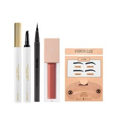 maychic 3D染眉梳 2入+極細眼線筆+霧面唇膏+畫眉板組, 淺棕色（眉色）、深黑色（眼線筆）、橘色布丁（色）, 1套
