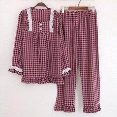 글램공감 여성용 통기성 루미 긴팔 체크 투피스 순면잠옷 상하의 세트