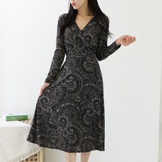 FROMCO 女款質感印花長袖洋裝, 黑色防水布