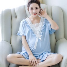 孕婦V領蕾絲荷葉邊兩件式睡衣