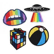 Button King 東大門鈕扣王 熱黏合刺繡布貼, 4個, 彩虹嘴唇 + UFO彩虹 + 彩色球 + 方塊