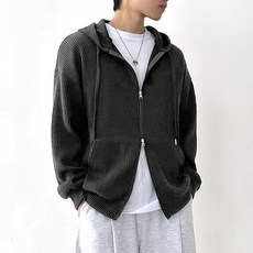 UMM 男士素色羅紋彈性連帽拉鍊外套