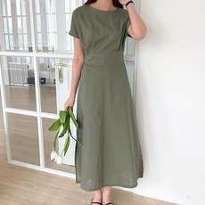 TANIZ 女款圓領細褶綁帶連衣裙, 卡其色