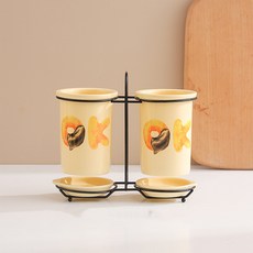 Mondspot 奶油黃可瀝水陶瓷微笑HI OK餐具筒附底座套組 YY57425, 1套, C