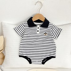 嬰兒黑線短袖小熊領包屁衣