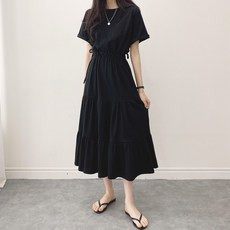 荷葉邊短袖連身長裙, 黑色