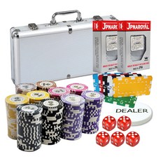 籌碼 300入+鋁盒+撲克牌 2入+方形籌碼 4入+莊家籌碼+ 鑰匙 2入+骰子 16mm 5入, 銀色（盒）、隨機發貨（方片）、透明（骰子）