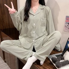 안나앤코 여성용 핀체크 긴팔 잠옷 파자마 상하의 세트