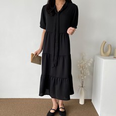 아뗄릭 데일리 카라넥 포인트 리본 반팔 미디 원피스 00151 빅사이즈 포함