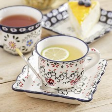 PRACA 波蘭風格陶瓷方型咖啡杯, 1套, 玫瑰藤蔓