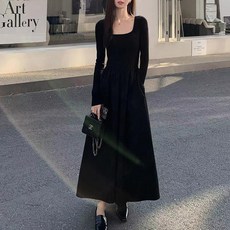 I'M MONG 女款 Oruca 法式方領長袖A字長版連身裙, 黑色