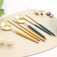 Bogen 韓國製 LEVIAN 金色雙人餐具組, 湯匙 2p + 筷子 2雙, 1套, 芥末黃, 深綠色