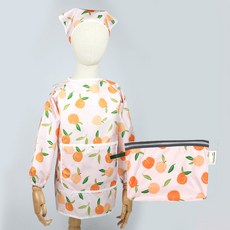 BEBE CHOUETTE 兒童防水長袖美術圍裙 + 頭巾 + 收納袋組, 蜜桃色