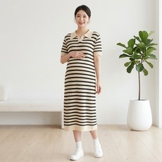 Alleophom 女款條紋V領翻領長版孕婦連身裙 L263-0306
