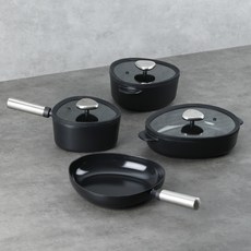 nEOFLam FIKA Fika Apex IH 電磁爐鍋具2件 + 平底鍋2件套組, 黑色, 1套, 18cm單柄鍋 + 20cm雙耳鍋 + 26cm砂鍋 + 24cm平底鍋