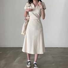 PEONIST 撞色V領連身裙 含大尺碼, 象牙白