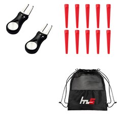 NAYASTYLE 高爾夫果嶺叉修補器 2入 + 塑膠高爾夫長球Tee 10入 + 收納袋套組 GFYP-38-2+185-5PU, 混合色