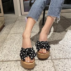 ShoesN 女款圓點蝴蝶結跛跟拖鞋 SN071, 黑色, 235