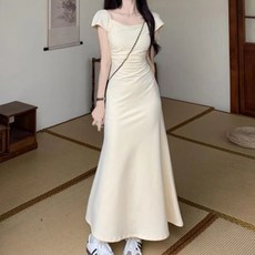 PEONIST 方領短袖長版洋裝, 象牙白