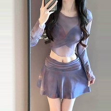 Goodif 女款海灘裝高腰傘裙 + 比基尼 + 罩衫泳裝套組, 紫色