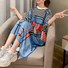 女款吊帶印花橫條紋寬鬆T恤連身裙, 黑色