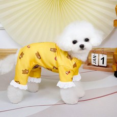 파스텔펫 강아지 곰돌이 레이스 올인원, 옐로우, 1개