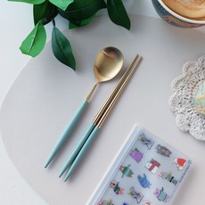 Bogen 高級餐具3件組, 金色 墨綠色(湯匙+筷子)+餐具袋(隨機出貨), 湯匙+筷子+餐具袋